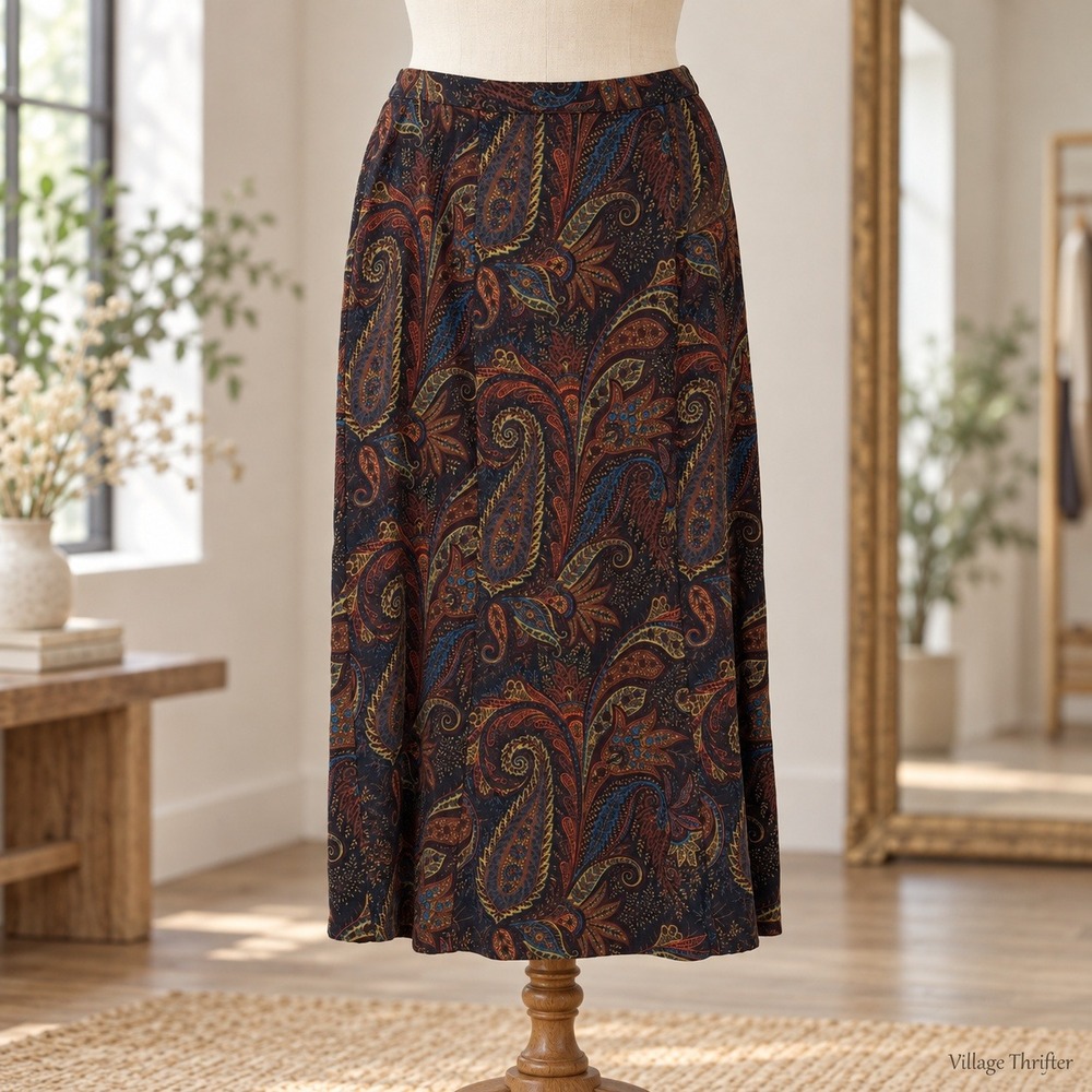 Elementz Maxi Skirt Womens L Black Brown Paisley Side Zip Boho Earthy Fall